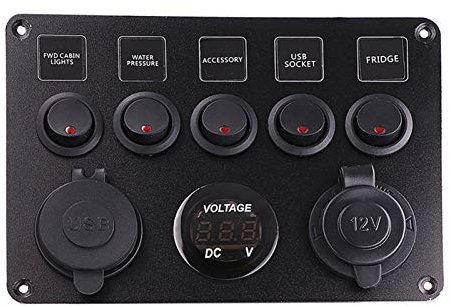MUEOSI Lot de 5 Panneaux de Commutation étanches 5 Gangs, for Voiture, Bateau, Yacht, Caravane, Camion, avec voltmètre, Double Prise USB 12-24 V, Ensemble d'accessoires Tableau électrique(Red 5PCS)