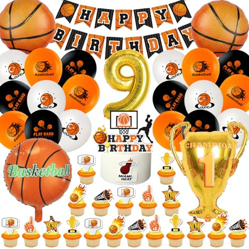 9 år gammal basketdekoration - 52 delar kit för pojkar och flickor med ballonger, banderoll och tårtdekoration