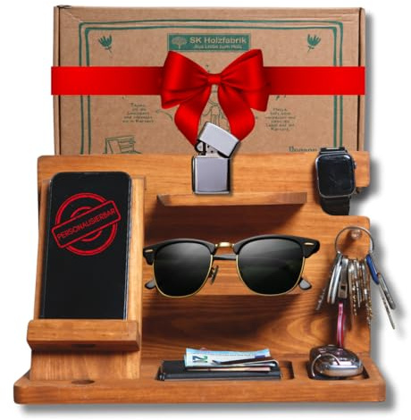 PEGSEN Personalisierter Organizer für den Nachttisch in Eiche - Telefon Docking Station aus Holz - Aufbewahrung für Schlüssel & Schmuck - Schreibtisch Organizer