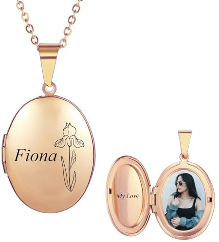 INBLUE Personalisierte Medaillon Halskette für Frauen Gravierte Geburt Blume & Name Edelstahl Rund/Herz/Oval Medaillon Halskette mit Bild/Text Schmuck Geschenk für Frauen Freundin (Oval - Roségold)
