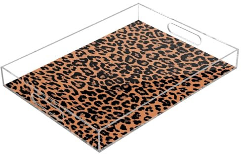 Plateau en acrylique carré transparent avec poignées 30,5 x 40,6 cm Plateau à café en acrylique Motif léopard tendance Plateau de service étanche Transparent