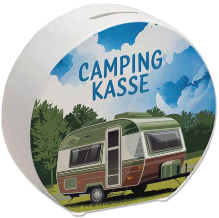 Wohnwagen auf Feld - Camping Kasse Spardose Wohnmobil Illustration im Aquarellstil Farben Perfekte Camper Campingplatz