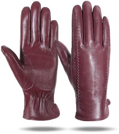 Kordear Gants en cuir pour femme – Moufles d'hiver chaudes en cuir véritable avec doublure en cachemire doux pour écran tactile pour femmes et filles, cadeaux de conduite, rouge vin, M