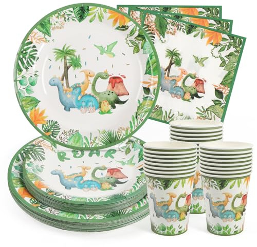 PARTY GO 96 Pcs Dinosaur Cartoon Tableware Set, Paper Plates Cups and Napkins, Disposable Dinnerware Party Supplies for Birthday Party Baby Shower Engagement Decorations Serve 24 Guests