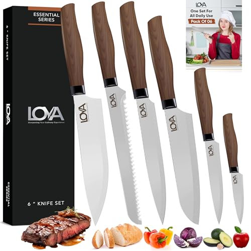LOYA CRAFTS Professional Kitchen Knives Set of 6, Silver High-Carbon Stainless Steel Blades with Non-Stick Coating, Ergonomic Handles, Protective Sharp Knife Set of Chef (Silver Knife Set)