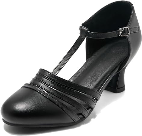 Voviggiw Damenschuhe, 1920er-Jahre-Stil, T-Riemen, Tanz-Pumps für Lateinamerikanische Salsa, Ballsaal, Charakter-Schuh, Kitten-Heel, Schwarz, 38 EU