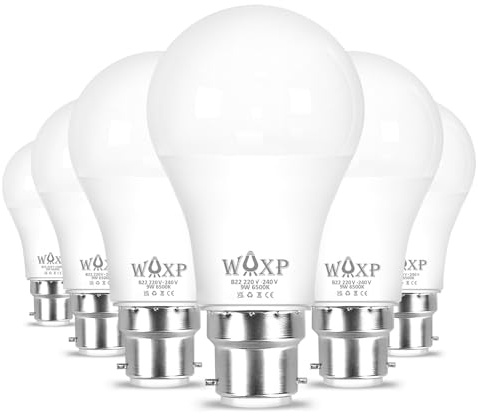 WAXP Bayonet B22 LED White Light Bulb 60W Equivalent, 850 Lumen, 9W Light Bulbs Bayonet Fitting, Cool White 6500K, Non-Dimmable Energy Saver LED Lightbulb, Pack of 6