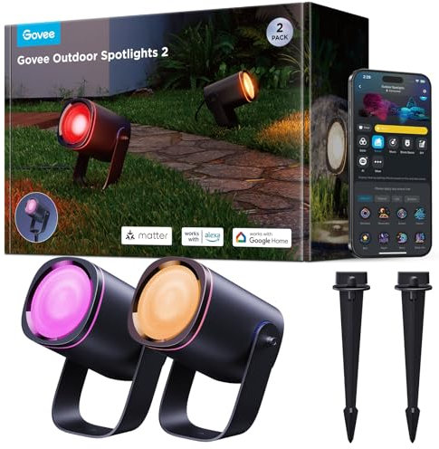 Govee Outdoor Spotlight, Waterproof Garden Lights, RGBWIC LED Outdoor Lights, Dimmable 700lm with 69 Scene Modes and 16 Million Colors for Patio, Works with Alexa, Google Assistant, and Matter. 2 Pack