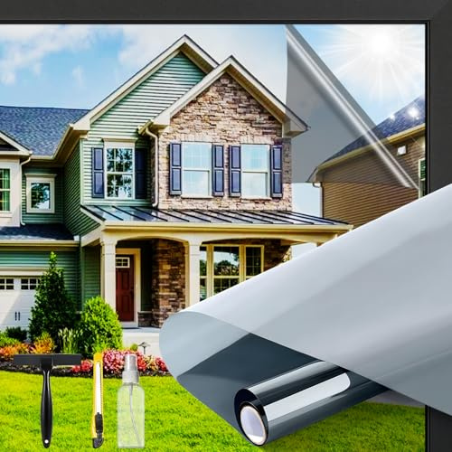 Zilchx Spiegelfolie Fenster Blickdicht, Einweg Sonnenschutzfolie von Außen mit Schaber & Messer, Selbstklebend Sichtschutzfolie mit UV-Schutz und Hitzeschutz für Wohnzimmer und Büro, Silber (50x500cm)