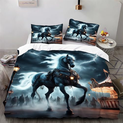 Zbeiba Bettwäsche 135x200cm Set 3 Teilige,Kinder Junge Mädchen Bettbezug + 2 Kissenbezug,Blitz und Pferd Motiv（135x200+2 * 50x75,Sti5）