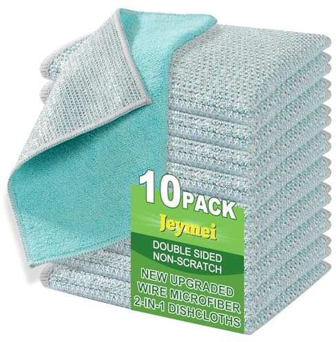 Jeymei 10counts Non Scratch Wire Dishcloth Multipurpose Wire Dishwashing Rag for Washing Dishes,Double Layer Microfiber Cleaning Cloth,Reusable Diamond Weave Steel Wool Scrubber Cloths,Blue