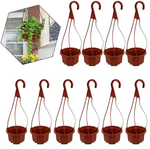 NOLITOY 10 Sets Hanging Plant Pots with Hooks in Dark Red Plastic | Plastic Octagonal Planters, Open Base Aids Root Airflow and Drainage, Short Hanging Hooks, For Balconies and Garden Displays