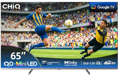 CHIQ Téléviseur M65QN9G 65 Pouces (164 cm) Smart TV 4K Mini QLED, Google TV 5.0, MEMC Dolby Vision & Atmos DLG 120Hz HDR10 Assistant Google & Chromecast intégrés,Cadre métallique