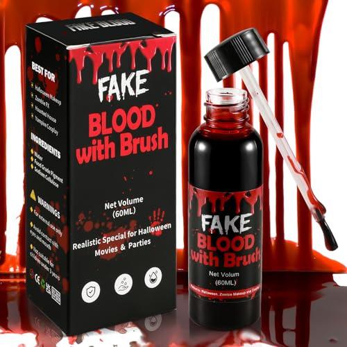 Kunstblut Halloween, 60ml Kunstblut mit Pinsel Realistisches Fake Blut Blood für Haut & Kleidung –Auswaschbares Kunstblut für Schminke, Zombie, Vampir, Monster Kostüme & SFX Make-up