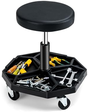 GOPLUS Taburete de Mecánico con 4 Ruedas, Taburete de Taller con Bandeja de Herramientas, Carga 150 kg, 50,5 x 50,5 x 41-55 cm, Ajustable, Asiento Mantenimiento para Coches Garaje (Negro)