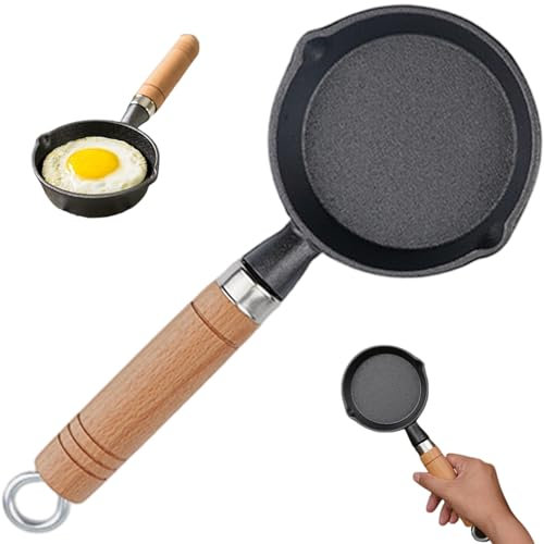 4 Inch Mini Cast Iron Skillet with 2 Pouring Spouts Small Non Stick Frying Pan with Hanging Wooden Handle for Egg Cooking Gas Induction Hob Stove