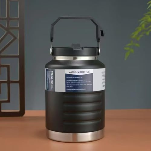PKRANZYHKAL Trinkflasche Sport Thermo Groß - 2L Edelstahl Isolierflasche (12h Warm/Kalt), Große Trinkflasche für Outdoor, Camping, Reise - Kohlensäure Flasche Kompatibel, Leakproof, Tragetasche,black