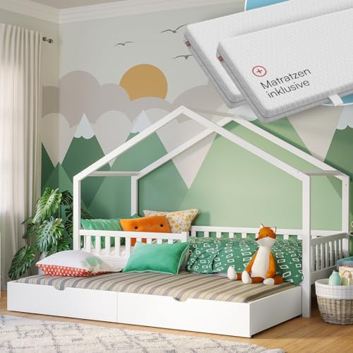 Bellabino Vils Hausbett 90x200 cm, Matratze & Gästebett, Massivholz Kiefer | Weiß, Kinderbett mit Rausfallschutz & Lattenrost, Montessori-Bett, massives Kieferholz, Bett für Jungen & Mädchen, Bettrahmen