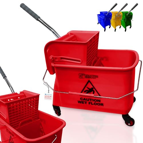 Kentucky Floor Mop Bucket on Wheels - Large Capacity Commercial Industrial Floor Mop Bucket with Wringer and Carry Handle - Ideal for Warehouse, Hotel, Office, School Use - Red