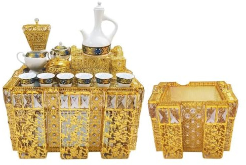 Traditional Ethiopian Eritrean Gold Metal Decorative Coffee Table Set, Rectangular Shape, Arabic Style, 5 Pieces