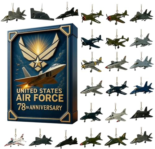 Flugzeug-Adventskalender – Air Force 78. Jubiläen Adventskalender, 24 Tage Weihnachts-Countdown-Kalender enthält 24 Kampfjets Anhänger für Weihnachtsbaumschmuck (blau)