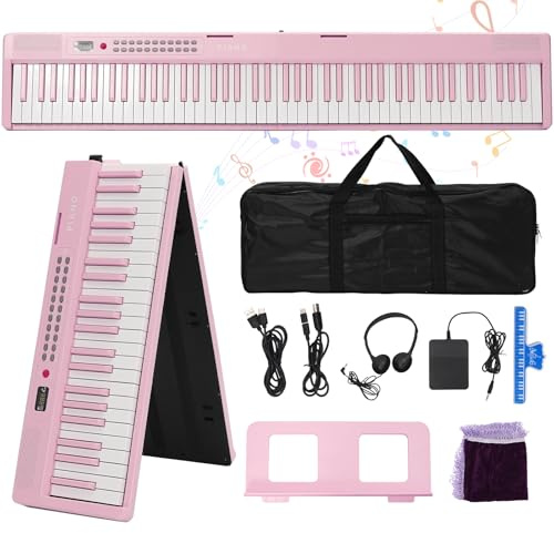 Teclado de piano portátil de 88 teclas con teclas iluminadas, pedal profesional, Bluetooth, auriculares, MIDI, 200 sonidos, 80 canciones de demostración, modo de lección para principiantes, color rosa