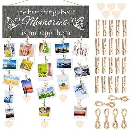 Simsky Fotovorhang mit 20 Holzklammern, 6 Fotoseilen & 5 Herzen – Kreative Fotowand, DIY Bilderrahmen Collage mit Leine für Wanddeko – Personalisierte Deko für Wohnzimmer, Schlafzimmer, Hochzeit oder