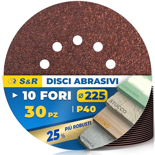 S&R 30 Discos Abrasivos 225mm Velcro P40, 10 Agujeros, Disco de lija 225 Lijadora Jirafa, Discos para Lijadora Excéntrica & Girafa, Papel de Lija para Pared, Techo, Placa de Yeso