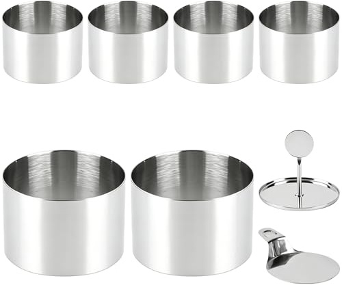 6 Pcs Round Cake Ring Moulds, 2.95×2.17 Stainless Steel Mousse Rings with Pusher & Lifter, Non-Stick Pastry Baking Moulds for Baking Burgers, Muffins, Crumpets, Pancakes