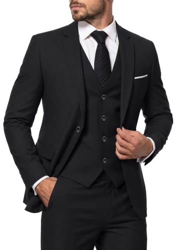 MY'S Men's 3 Piece Suit Set with Tie, One Button Slim Fit Jacket Vest & Pants, Party Wedding Prom Blazer Waistcoat & Trousers, Black Medium