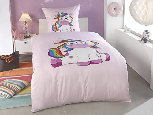 BaSaTex Microfaser Bettwäsche Set, 2-TLG., 1x 135x200 cm 1x 80x80 cm | Kinderbettwäsche Einhorn Unicorn Pink . Set, Atmungsaktivität, feuchtigkeitsregulierend und saugfähig