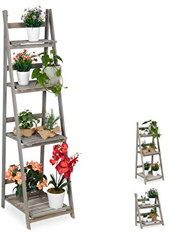 Relaxdays Blumentreppe, 4-stufig, Blumenleiter Holz, klappbar, Leiterregal für Pflanzen, HBT: 160 x 41 x 50 cm, grau