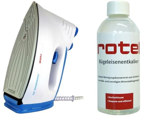 Rotel Professional Extra Original Dampfbügeleisen Blau mit Keramiksohle / 800W / isolierter Tank 300ml mit Rotel Bügeleisenentkalker 500 ml