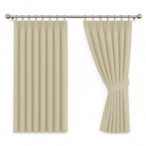 Oxford Homeware Blackout Pencil Pleat Curtains for Bedroom 66 X 54 Inch Cream Curtains for Living Room Energy Saving Soft Curtains 2 Panels with Tiebacks