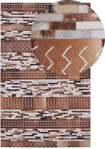 Alfombra de piel de vaca marrón 140 x 200 cm estilo patchwork a rayas patrón escandinavo Herekli