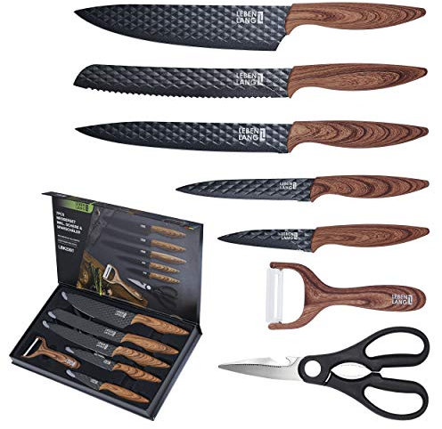 LEBENLANG Küchen Zubehör Messerset 7 teilig mit Schäler & Küchenschere - Küchenmesser Set - Messer Schere Wohnungs – Koch Küchenzubehör schwarz Schneidemesser scharf