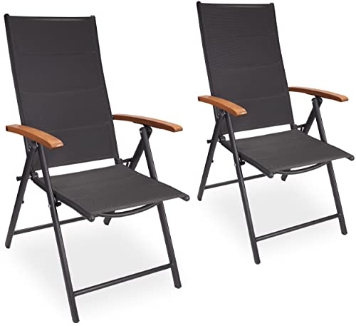BRUBAKER 2er Set Gartenstühle Verona - Faltstühle klappbar | 7-Fach verstellbare Rückenlehnen - wetterfeste Klappstühle mit Polsterung und Holz Armlehnen - Anthrazit