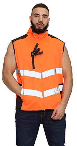 janisramone Warnweste für Herren, ärmellos, gut sichtbar, Fleece, wasserabweisend, Neon Orange / Navy, XXL Große Größen