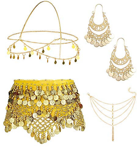 Kakonia 4 Sets Bauchtanz-Accessoires für Frauen, Bauchtanz-Hüfttuch, Wickelgürtel, böhmische Goldmünzen-Ohrringe, Kopfbedeckung, Haarkette, Quaste, Fußkettchen-Armband für Frauen Gelb