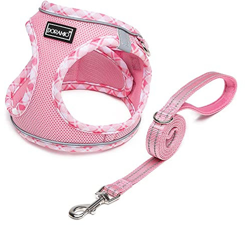 DORAMIO Hundegeschirr Kleine Hunde mit Leine, Step-in Geschirr Reflektierend Atmungsaktiv Brustgeschirr Anti Zug Sicherheitsgeschirr Katzengeschirr für Kleine Hunde, Katzen (Rosa, XXS)