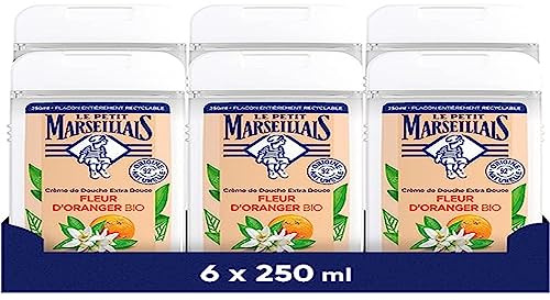 Le Petit Marseillais – Crème de Douche Extra Douce Fleur d'Oranger Bio (lot de 6 flacons de 250 ml) – Gel douche avec 92 % d'ingrédients d'origine naturelle – Flacon entièrement recyclable