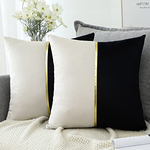Artscope 2er Set Samt Kissenbezug für Sofa Auto Schlafzimmer Luxuriöser Moderne Minimalist Goldenen Ledernähten Dekokissen Kissenhülle Kissen Fall 45x45cm (Schwarz und Weiß)