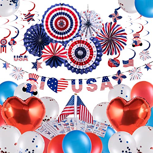 SUNBEAUTY Unabhängigkeitstag Party Dekoration Set, 4. Juli USA Party Deko Luftballons Papierfächer Girlande Strudel Tattoo-Aufkleber USA-Flaggen für Amerika Party