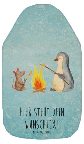 Mr. & Mrs. Panda Personalisierbare Wärmflasche Pinguin Lagerfeuer - Eisblau