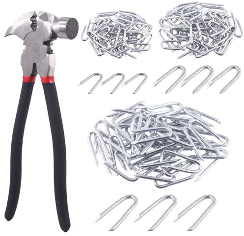 Keadic 151Pcs Galvanized Steel Wire Fencing Staples Assortment Set and Fencing Pliers with Hammerhead, 20mm 30mm 40mm Length U-Shaped Fasteners Nails and Fence Tools for Wire Mesh Woven
