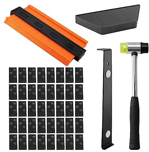 Laminate Flooring Installation Kit and Contour Gauge Profile Tool with Lock, with 40 Spacers, Double Headed Mallet, Tapping Block & Pull Bar, for Woodworking and Laminate Wood Flooring