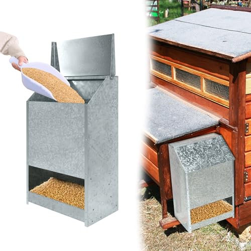HENGMEI Futterautomat Hühner, Aufhängbar Futtertrog, Edelstahl Hühnerfutter, Groß Futterspender mit Deckel für Geflügel Puten Gänse Enten, 22kg