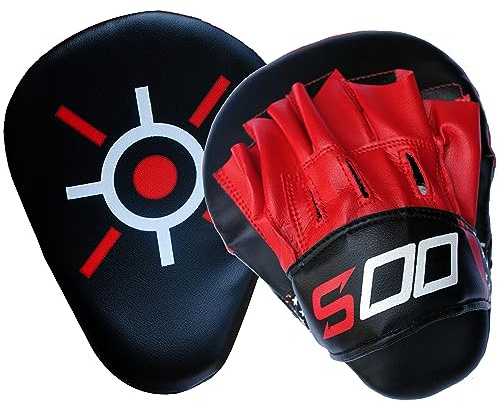 Sports Fitness Boxing Curved Focus Punching Pads MMA Coaching Mitts Hook & jabs Training Mitten MMA Muay Thai Kickboxing Martial Arts Punching Hand Target Strike Pad (Red/Black)