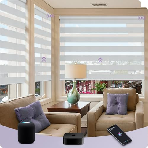 Graywind HomeKit Smart Zebra Blinds Eve Powered Siri Voice Home App Rechargeable Motorized Dual Layer Blinds Privacy Light Control, Custom Size, Luxury Silver White
