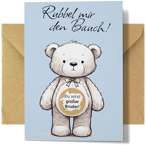 Du wirst großer Bruder - Rubbelkarte zum Schwangerschaft Verkünden | Set mit Kraftpapier Umschlag, fertig mit goldenem Kratzfilm für Baby Ankündigung